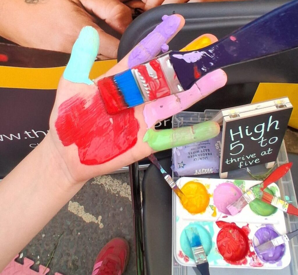 A child's hand is being painted with different colours on each finger to make a finger painting